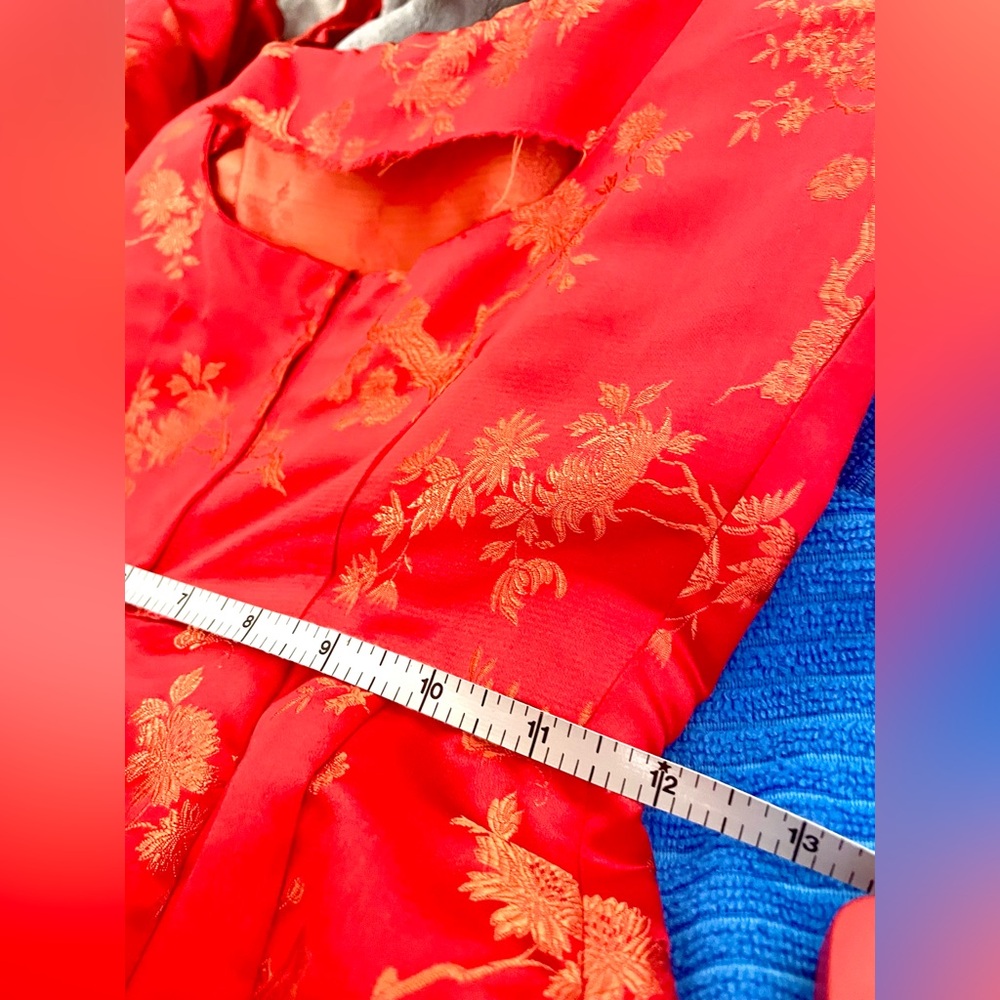 Red & Gold Chinese brocade silky 2-piece pencil dress & cropped jacket size XS - Picture 9 of 16